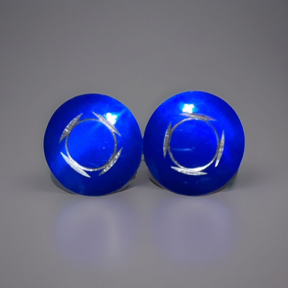 Vintage 80’s Blue Silver Metal Large Round Stud Earrings Fashion Jewelry